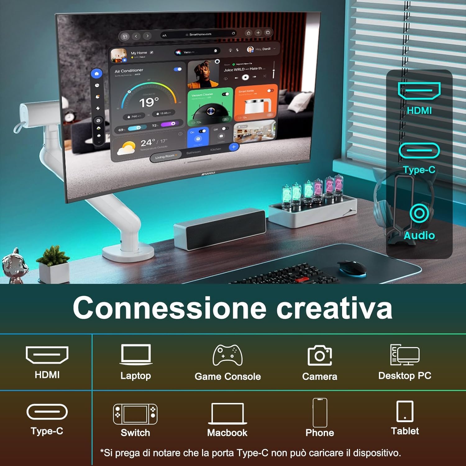 Minifire Monitor curvo da 27 pollici 120 Hz, schermo PC con altoparlante - pannello VA 1500R FHD (1920 x 1080p), MPRT 1 ms, sRGB 110%, meno luce blu, HDMI 1.4, tipo C 2,5 W, supporta VESA - Nero