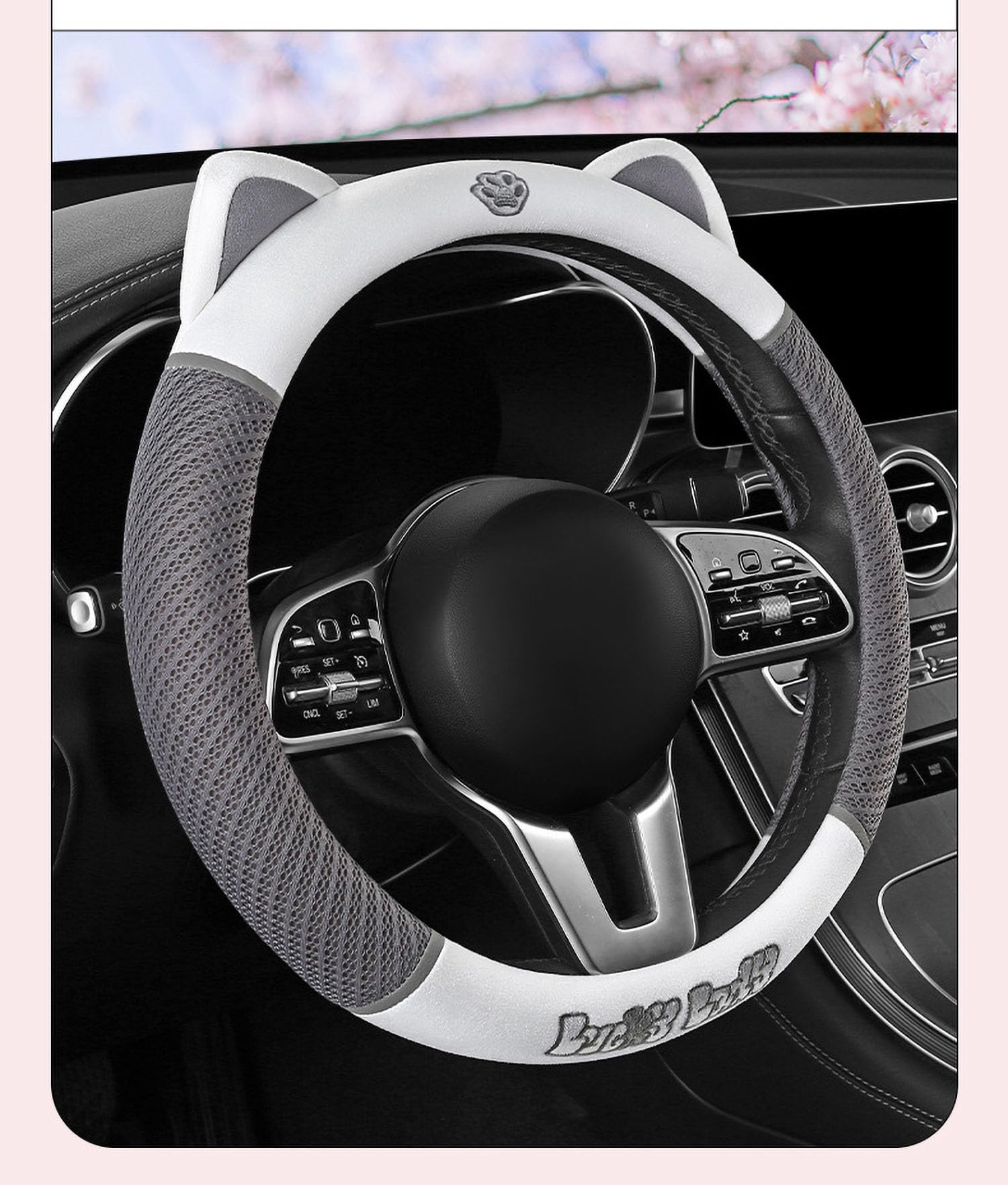 Cartoon car Steering Wheel Cover Round D Type/Flat Bottom Steering Wheel Cover OD 38cm/15 inch (Gray)
