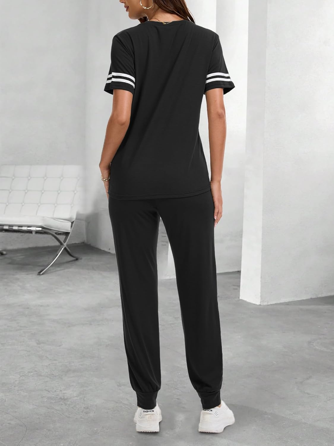 KBKBSN Women 2 Piece Outfits Summer Set Striped Short Sleeve Sweatsuits Crew Neck Pullover Lounge Tracksuit with Pocket Black L - Image 3