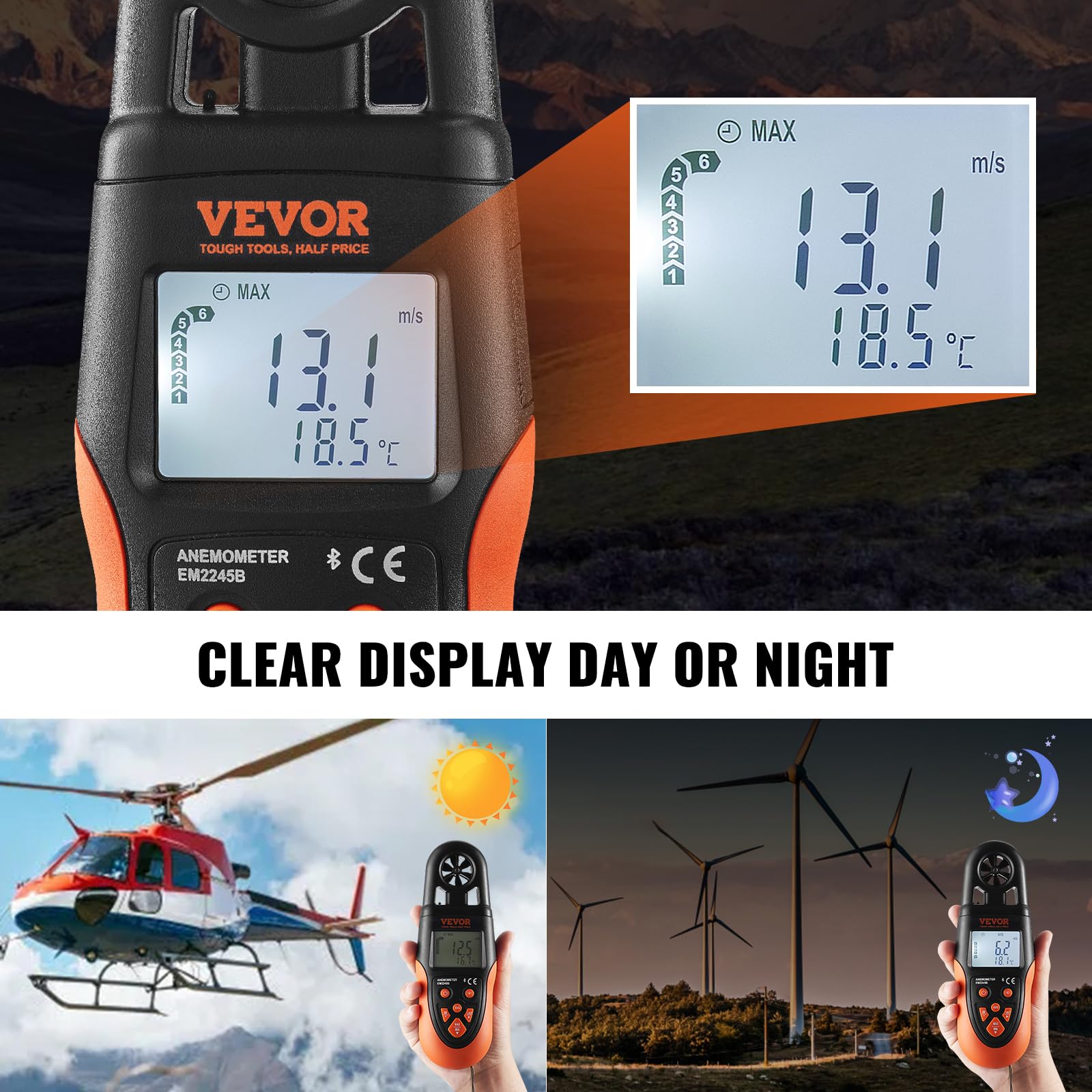 VEVOR Anémomètre Portable -10 ℃ à 60 ℃ Mesure Vitesse du Vent, Température du Vent, Flux d'Air, Refroidissement Éolien, Anémomètre Numérique avec Écran Rétroéclairé LED pour Voile Surf Drone Vol CVC