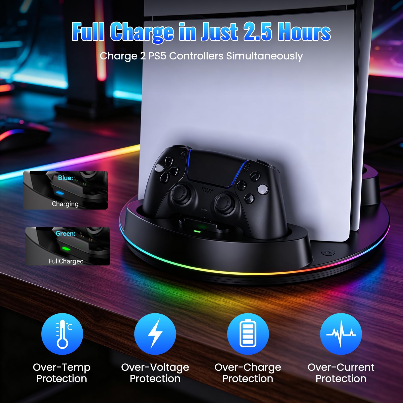 NEWDERY for PS5/Slim/Pro Stand Console, Fast Charging Station Compatible with PlayStation 5 Controllers with Adjustable RGB Light, Charging Station for All PlayStation 5 Console - Blcak