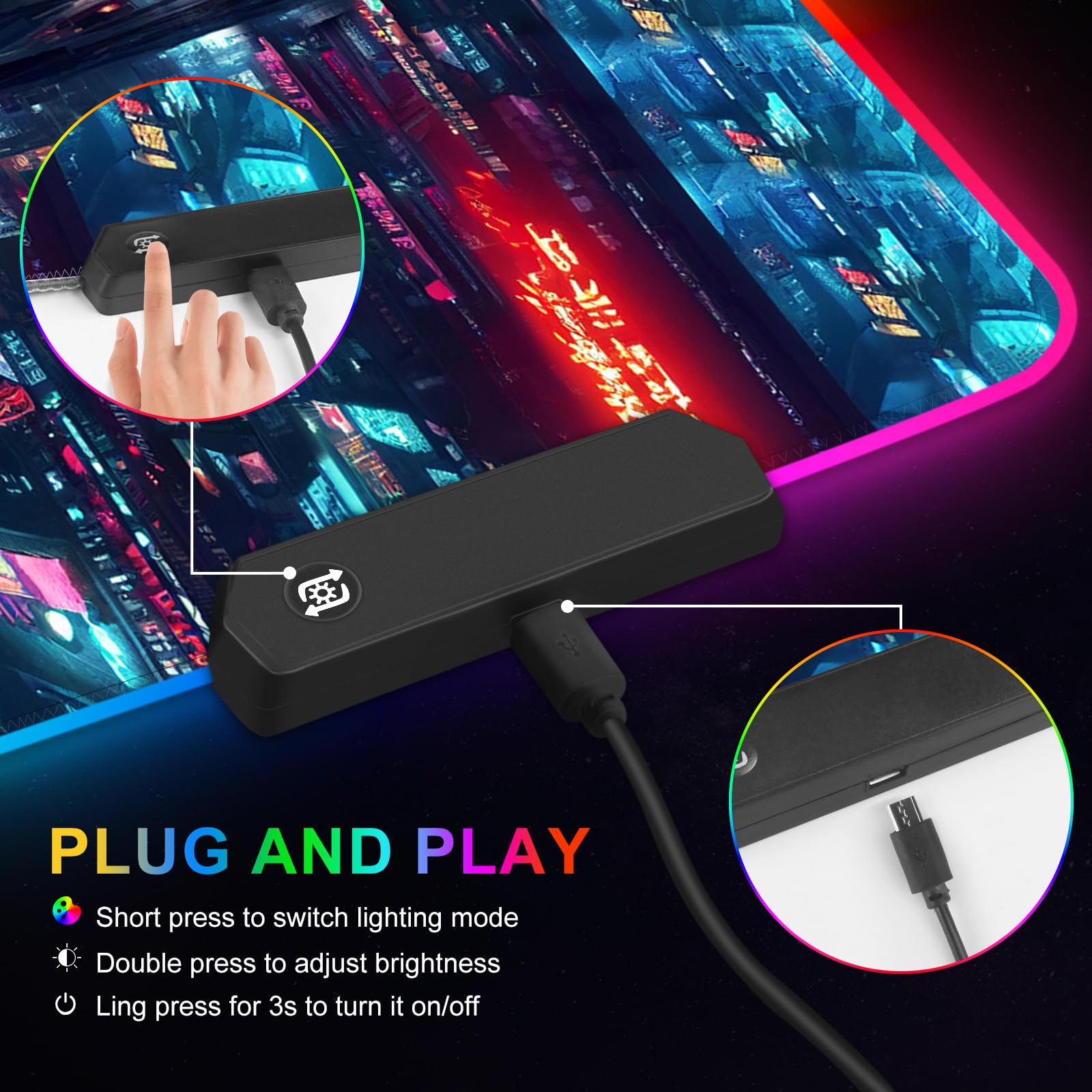ARTSO Tappetino per mouse da gioco RGB, grande, morbido, esteso, con 14 modalità di illuminazione, 2 luminosità, resistente all'acqua, tappetino per mouse per computer, 89,9 x 40 cm, città notturna