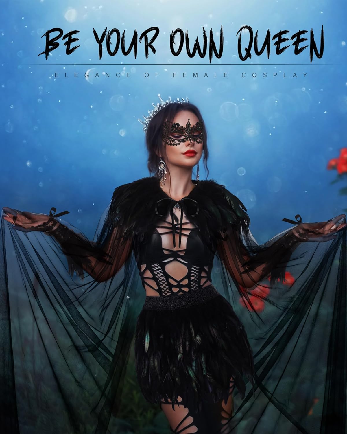 Hercicy 4 Pcs Halloween Cloak Cape Cosplay Black Feather Collar Witch Cape Dress Feather Skirts Lace Long Gloves Witch Spider Web Lace Masquerade Mask for Party Costume