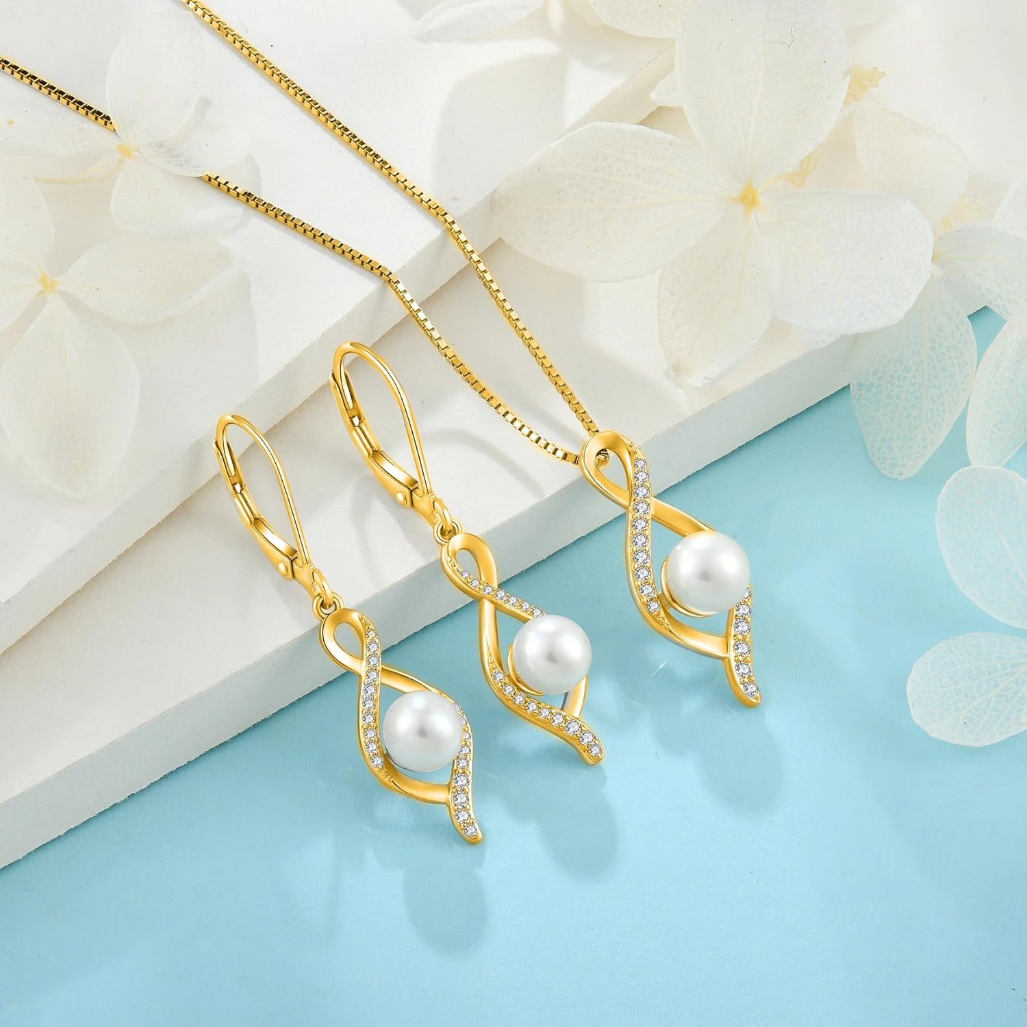 Inpasne 18K Yellow Gold Plated Freshwater Pearl Jewelry Set for Women 925 Sterling Silver Infinity Pearl Necklace and Dangle Drop Leverback Earrings Set - Image 4