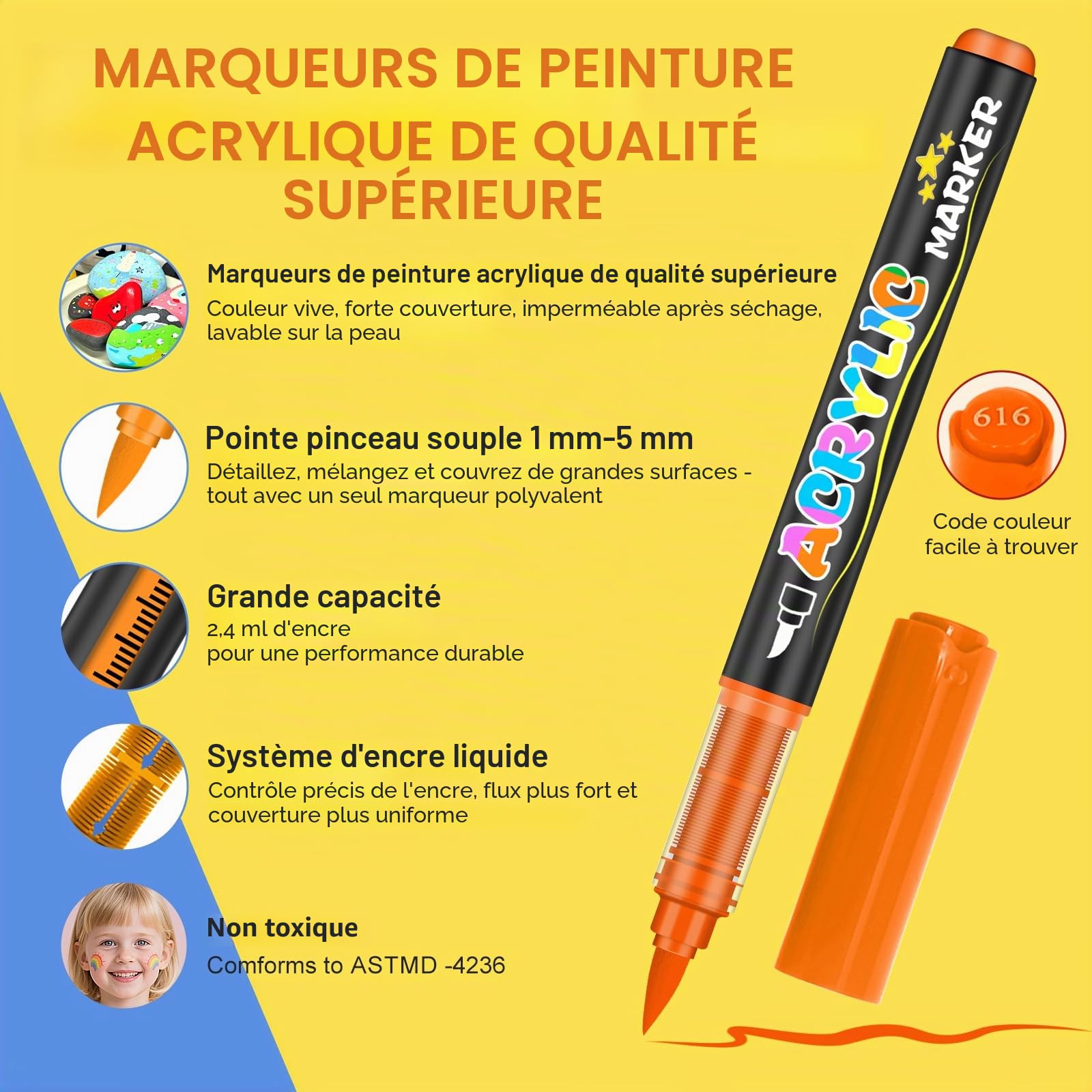 Lyuvie 240 Couleurs Feutre Acrylique, Acrylic Paint Brush Marker à Peinture à Base D'eau, Marqueur Peinture Acrylique pour Pierre,Bois,Galets,Papier, Tissu,Verre, Plastique