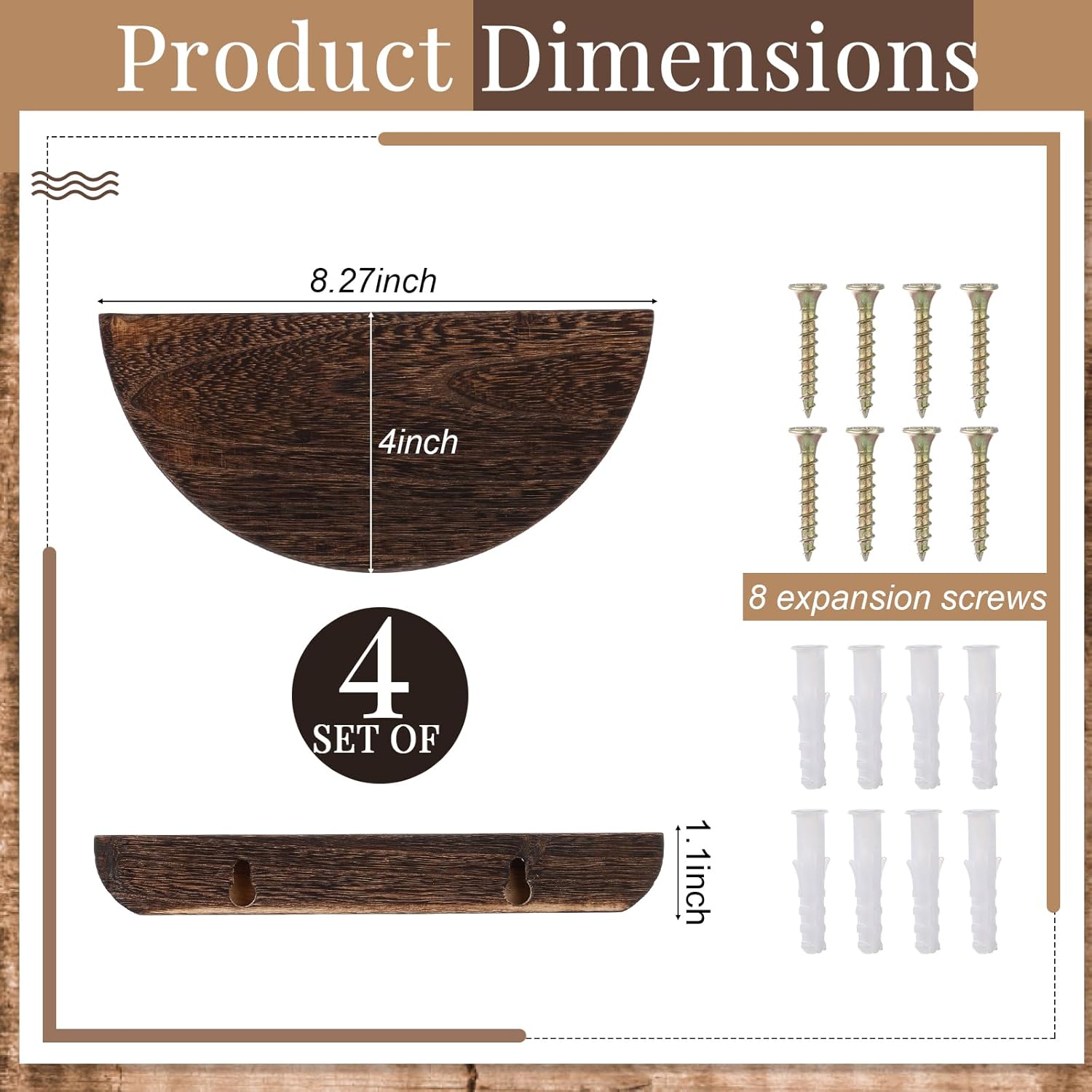 4 Pcs Solid Wood Half Round Floating Wall Shelves, Elegant Floating Wooden Shelves, 8.27 Inch Wall Shelf for Living Room, Bathroom, Bedroom, Offices, Pictures Plant Book (Dark Brown)