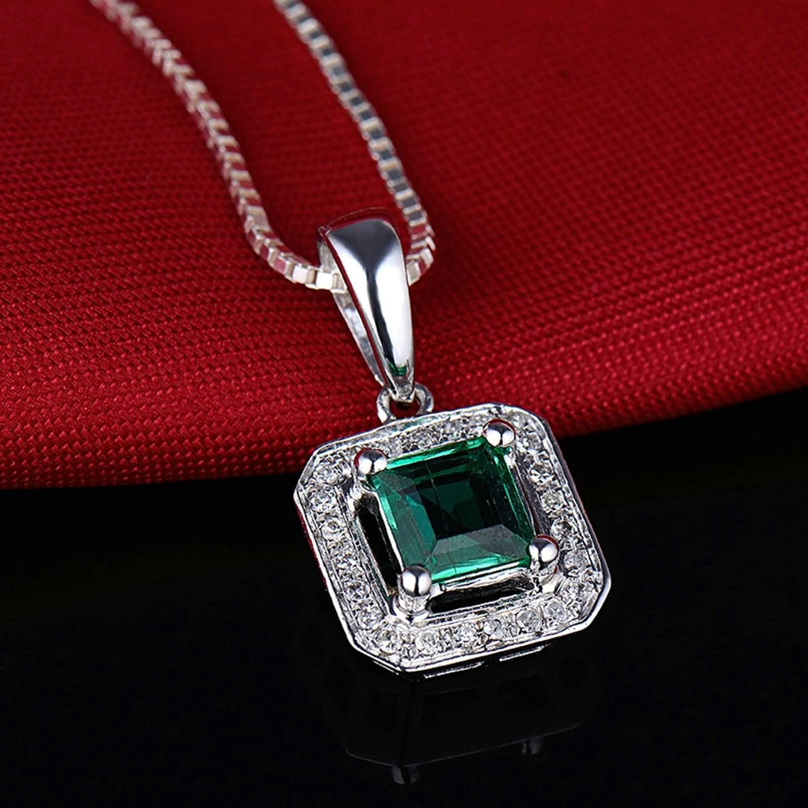 Echtgold Kette mit Anhänger, Halskette Anhänger Gold 14 Karat Quadrat Form mit Diamant und Smaragd 0.52ct Halskette