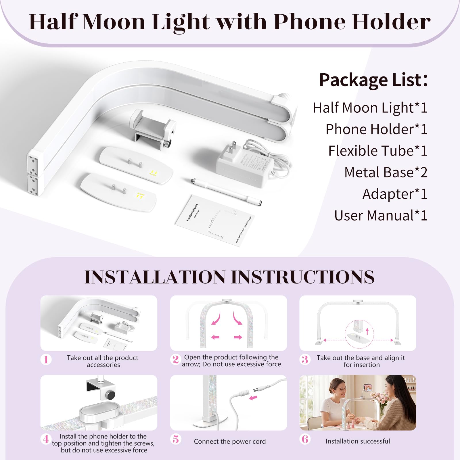 LIONVISON Halbmond Lampe 29 Zoll LED 3 Farbmodi Weiß Kristall Stil | LED Halbmondlampe mit blendarmem Licht - geeignet für Nageldesign Kosmetik und Detailarbeiten