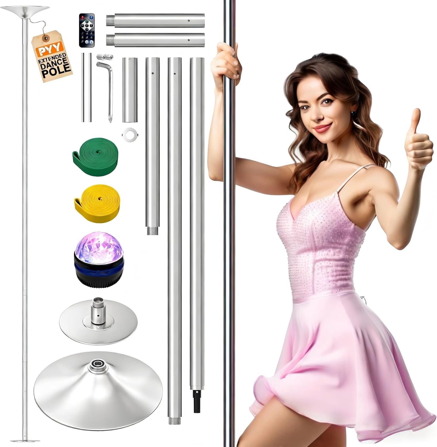 PYY Dance Pole - Adjustable & Portable Dancing Pole for Gym Studio Pub, Chrome Finish, Spinning & Static Modes, No Drilling Required, w/Remote LED Stage Lights