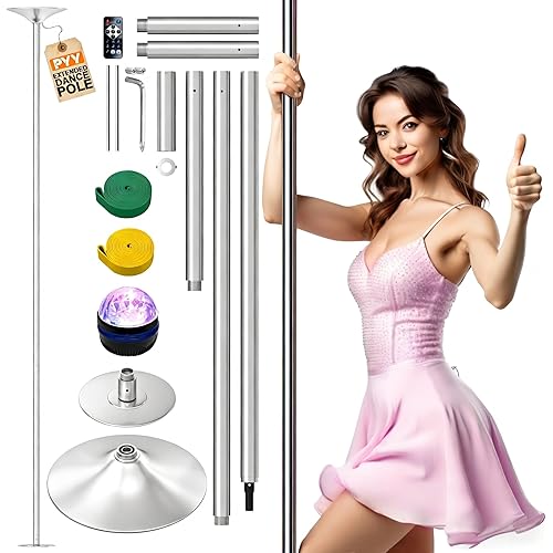 PYY Dance Pole - Adjustable & Portable Dancing Pole for Gym Studio Pub, Chrome Finish, Spinning & Static Modes, No Drilling Required, w/Remote LED Stage Lights