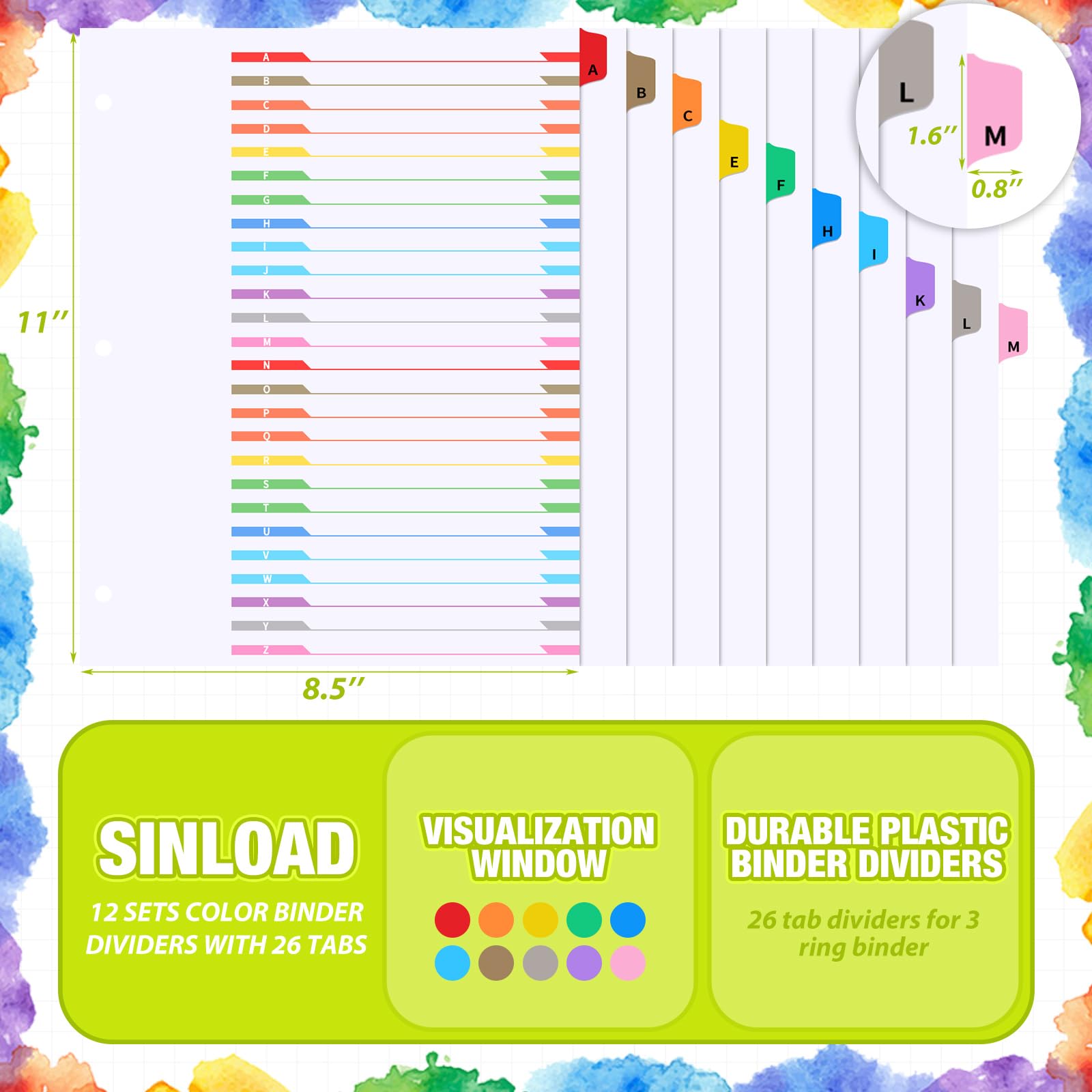 Sinload Juego de 12 divisores de la A a la Z con 26 pestañas para carpetas de 3 anillas, 8.5 x 11 pulgadas, divisor de carpetas alfabéticas de la A a la Z con divisor de archivos alfabético multicolor