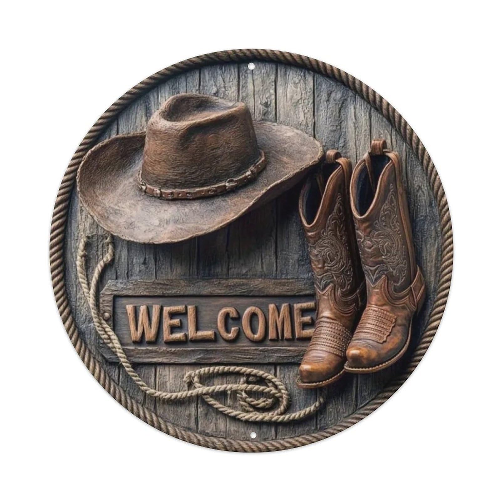 Gentinap Vintage Western Cowboy & Hat Boots Welcome Round Tin Sign Metal Sign Home Bar Garden Wall Decor Metal Poster 8X8 Inch