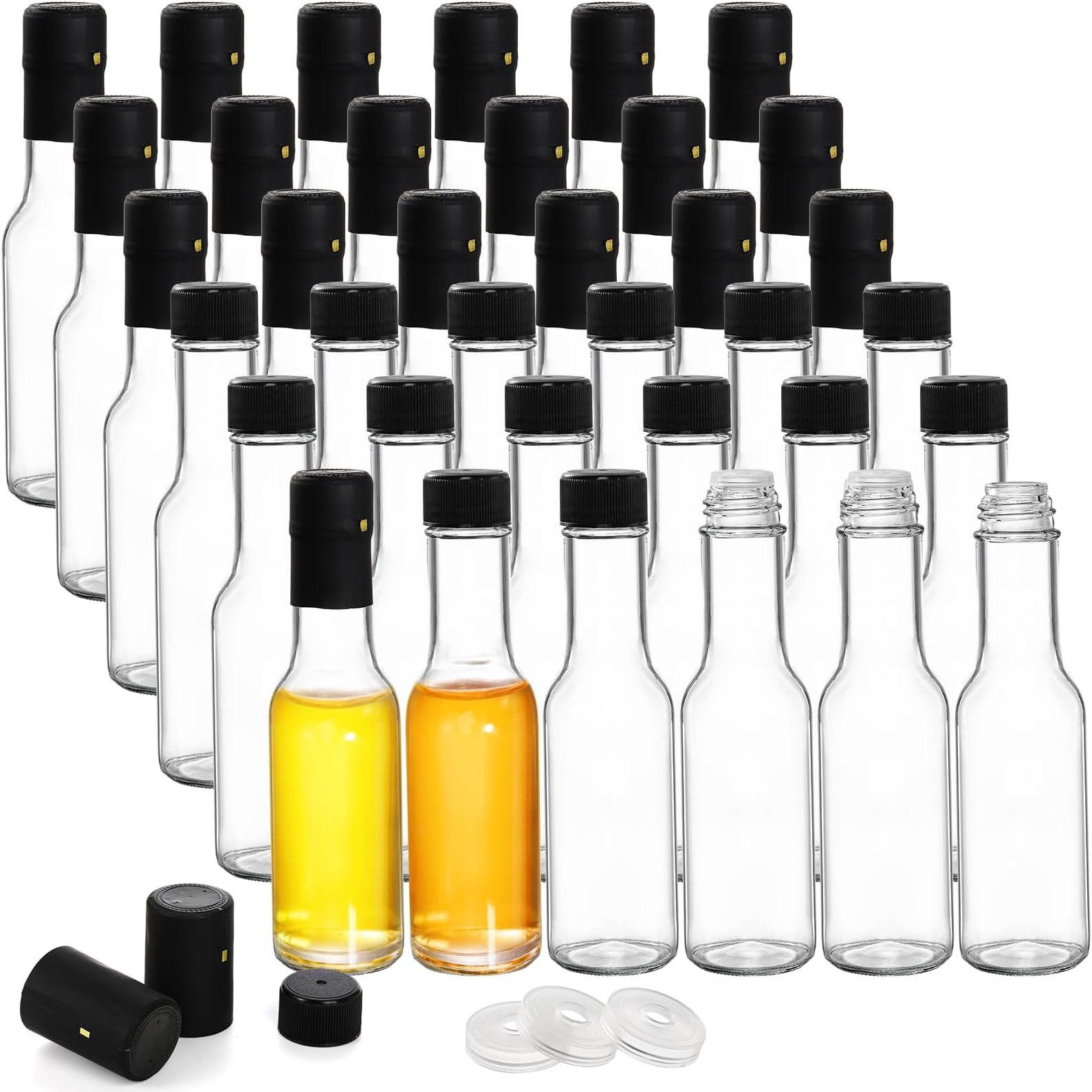 Cedilis 36 Pack Small Glass Bottles, 3oz/100ml Hot Sauce Bottle, Mini Glass Liquor Bottles with Shrink Capsule, Black Screw Caps, Clear Woozy Bottles for Sauces, Oils, Vinegar, Home Brewing, Party