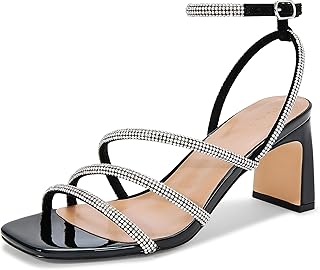 Womens Rhinestone Sandals Ankle Strap Square Toe Dressy Heels Shoes for Party Wedding Dressy Dating