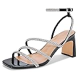 Womens Rhinestone Sandals Ankle Strap Square Toe Dressy Heels Shoes for Party Wedding Dressy Dating