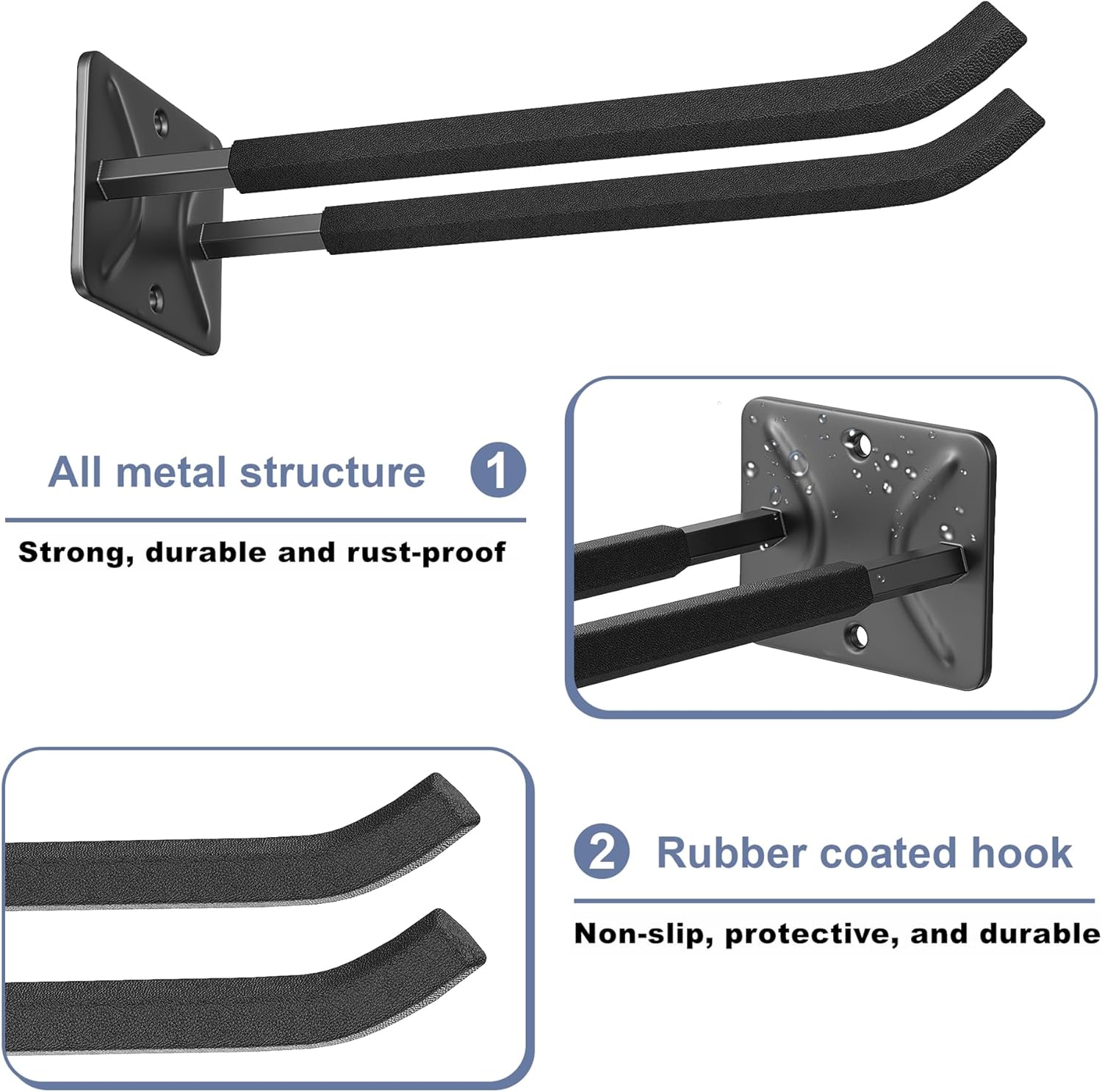 WALMANN Wall Mounted Garage Hooks, Heavy Duty 12-inch Tool Hooks for Hanging, Tool Hangers for Car Tires, Ladders, Folding Chairs, Strollers, Garden Tools (Pack of 4)