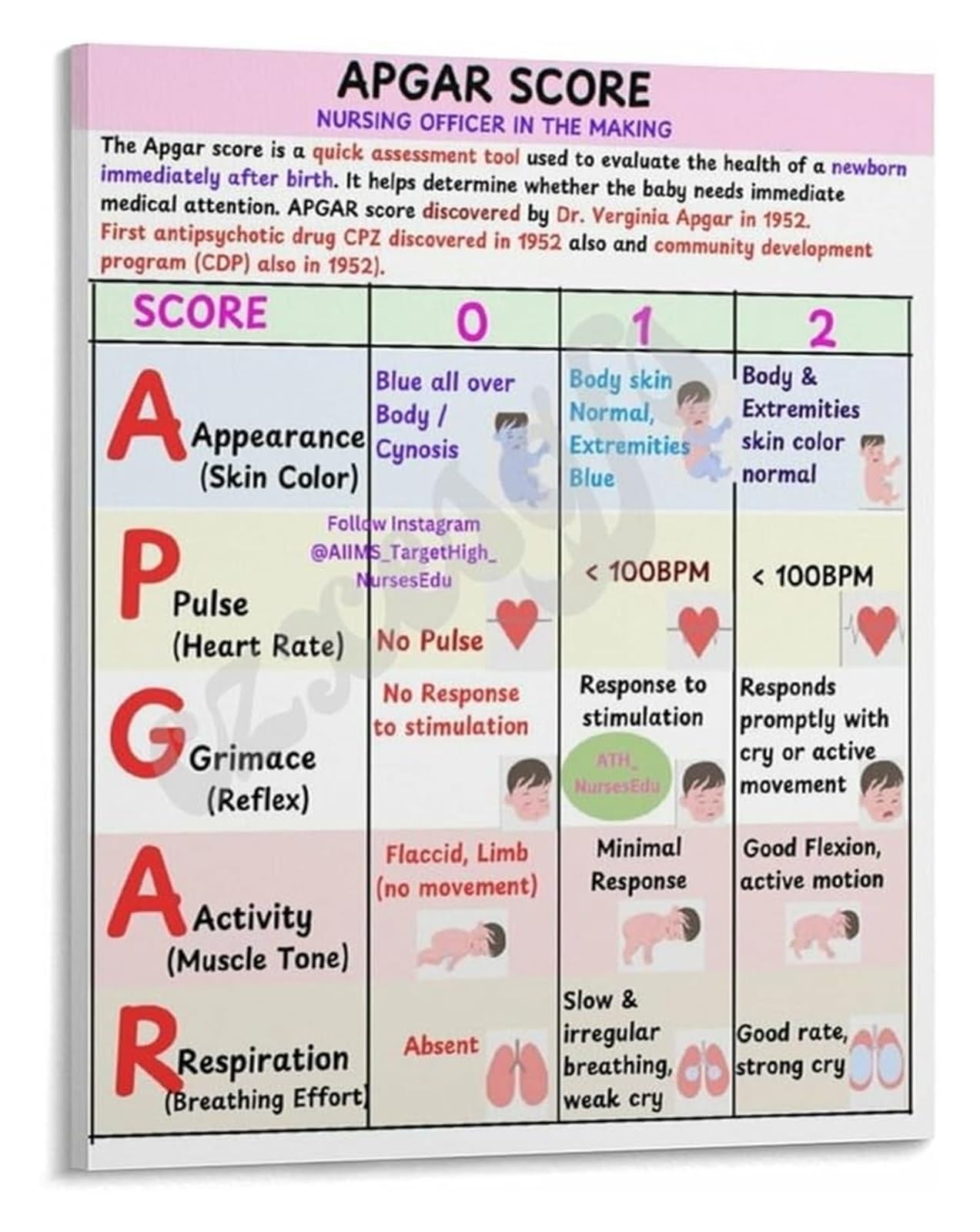 MDBJTCYZN APGAR Score Quick Reference Guide Newborn Health Assessment Poster for Clinics Hospitals Nursing Students Canvas Wall-Art Decor(Framed,08x12inch(20x30cm))