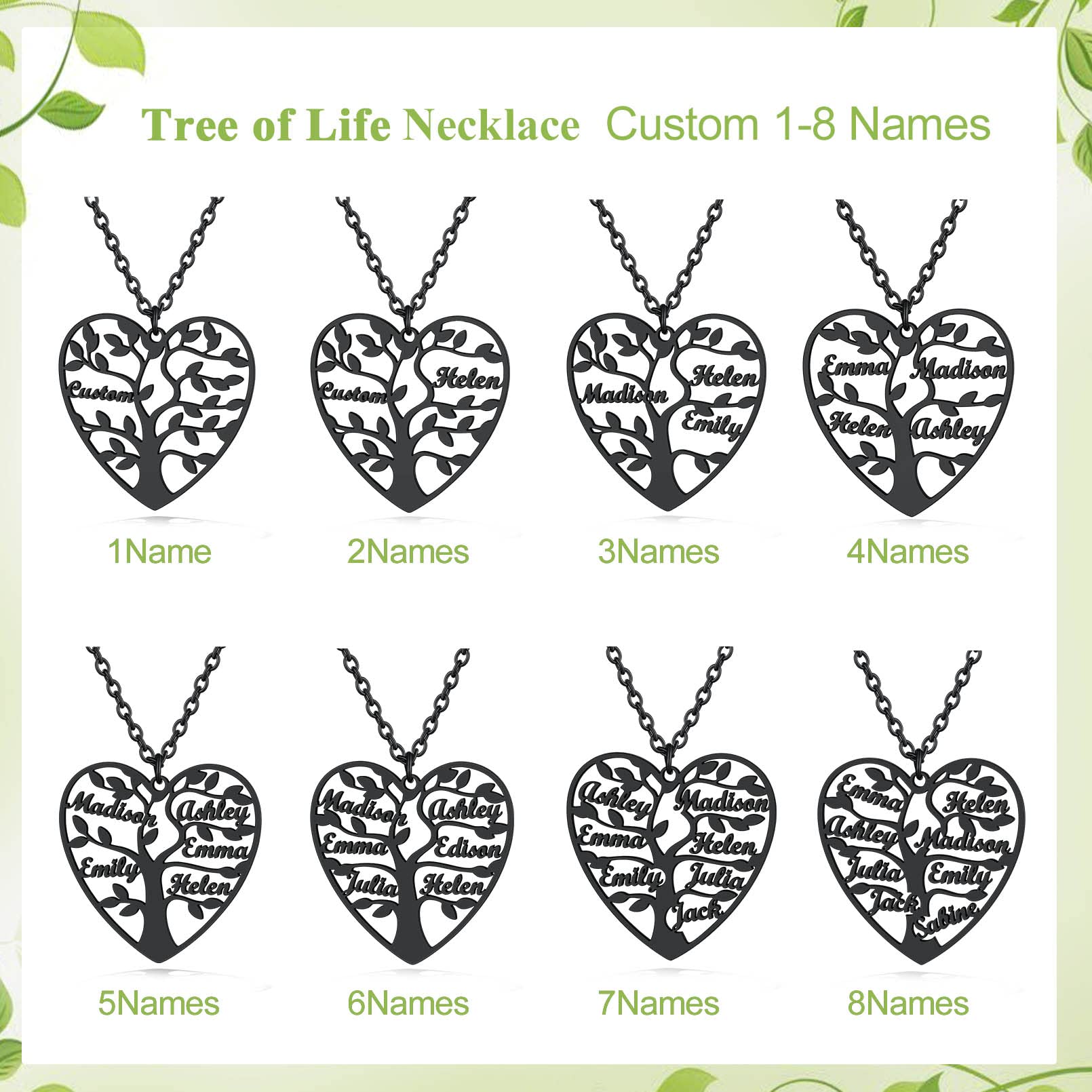 Custom4U Collana Cuore con Nome Personalizzat 1/2/3/4/5/6/7/8 Nome Collana Acciaio 50+5 CM Alta Qualità Famiglia Nome Traforate Albero della Vita Portafortuna BFF Regalo Creativo