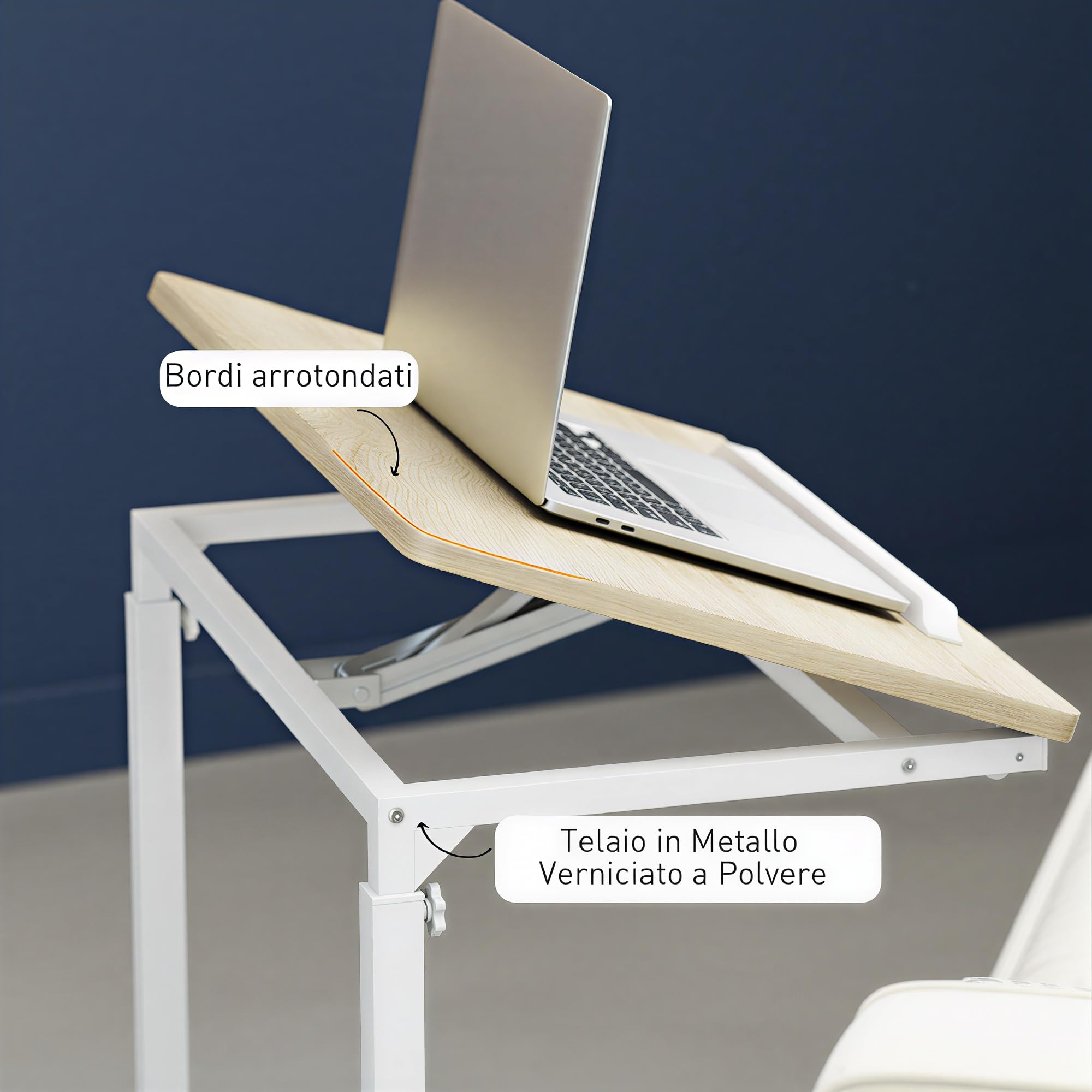 HOMCOM Tavolino Salotto ad Altezza Regolabile con Piano Inclinabile e 4 Ruote, Tavolino Porta PC in Legno e Metallo, Tavolino Laterale per Camera da Letto e Soggiorno, 55x36x62.5-82.5 cm, Rovere