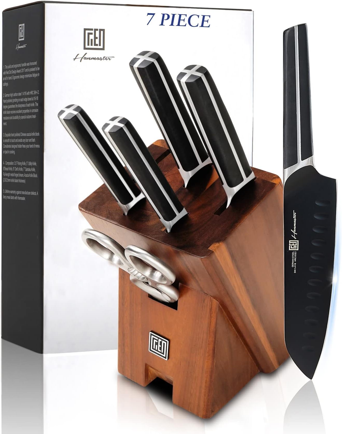 – Kitchen Knife Set, 7 Pieces German Stainless Steel Knives Set for Kitchen with Acacia Wood Block, Kitchen Scissors, Box Packed, Elegant Black