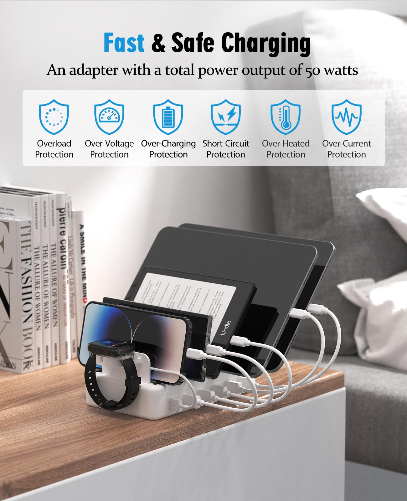 Charging Station Multiple Charger Station - 2025 New 6-Port USB Fast Charging Dock 50W Organizer Station with Watch Charger for iPhone|Android Cell Phone|iPad|Kindle|Watch|Tablet