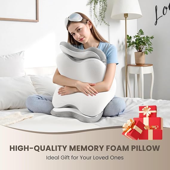 JINXIA Cervical Memory Foam Pillow, Ergonomic Pillow for Neck and Shoulder Pain Relief, Orthopedic Neck Support Pillow for Side/Supine/Prone Sleepers with Removable Cover, Light White and Gray