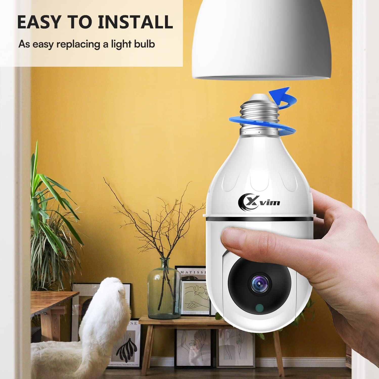 XVIM 3MP Bullet Camera, 2.4Ghz Light Bulb Security Camera, Indoor Bullet Camera, Night Vision and Motion Detection, 2 Way Audio