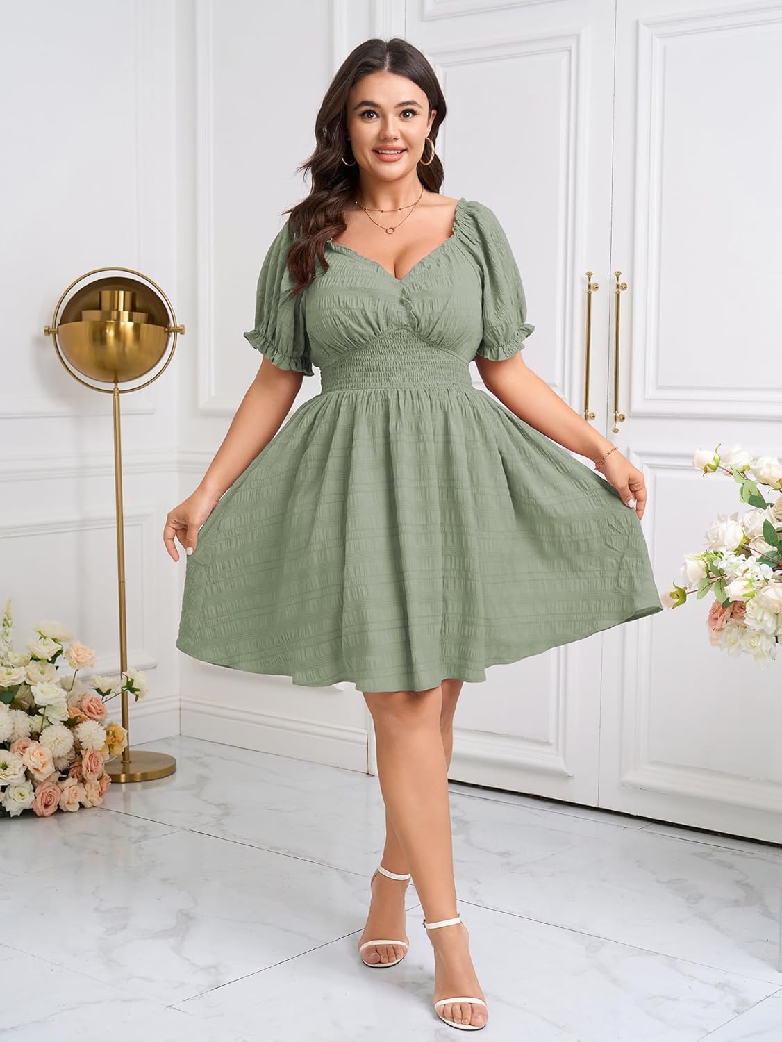 SCOMCHIC Womens Plus Size Summer Dresses Casual Sun Dress Sweetheart V Neck Puff Short Sleeve Smocked A Line Mini Dress - Image 3