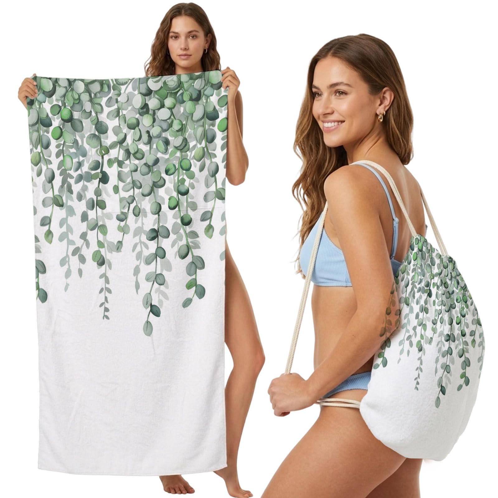 FWJZDSP Beach Towel Backpack, Watercolor Style Eucalyptus Leaves 2-in-1 Foldable Soft Microfiber Quick Dry Beach Towel 31.5x63in Green Leaves Plant Lightweight Pool Towels Bag for Travel, Yoga, Gym