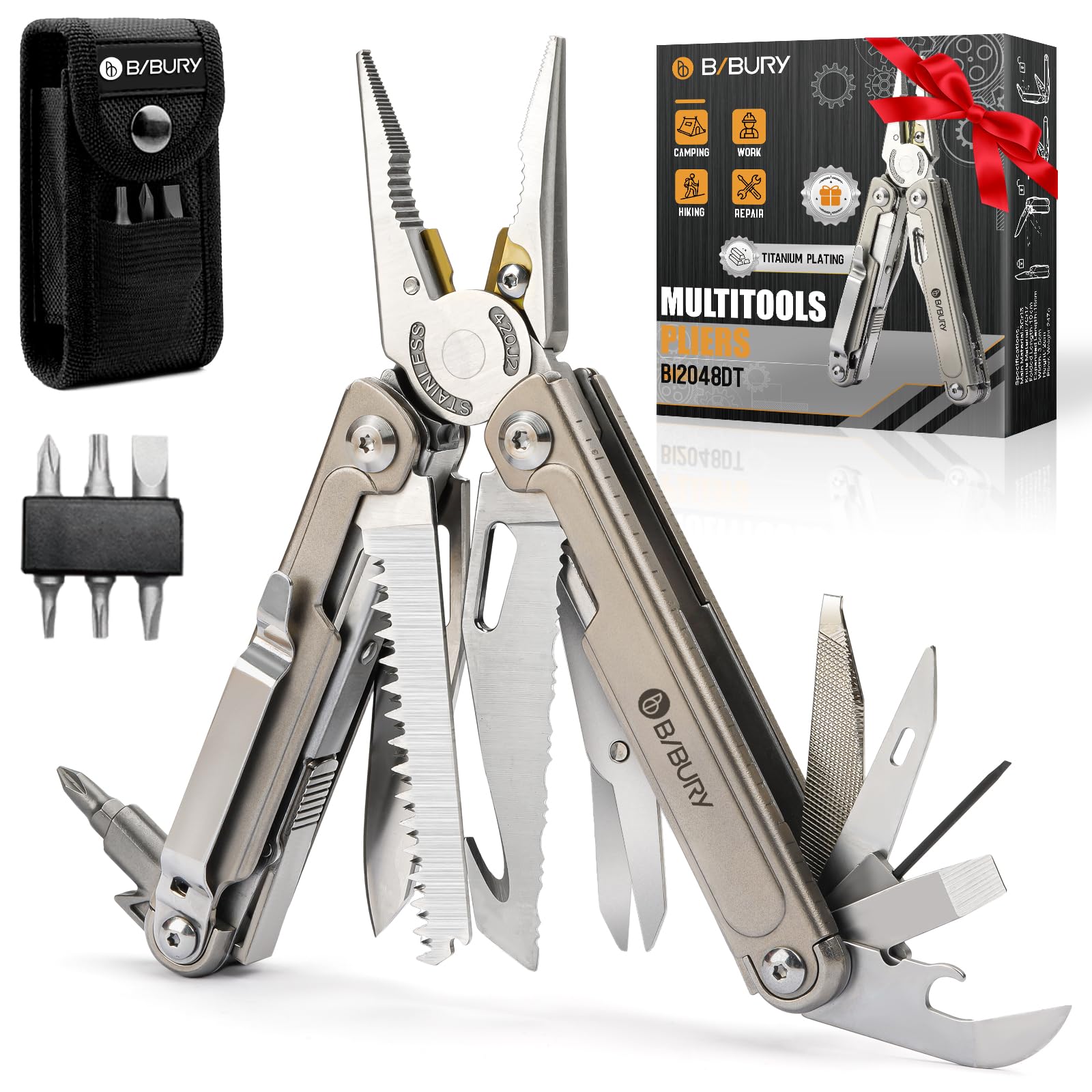 BIBURY Multiherramienta 24 en 1 con Alicates de Titanio – Regalo para Hombres, Día del Padre, Navidad y Cumpleaños – Herramienta EDC Ligera para Camping y Bricolaje