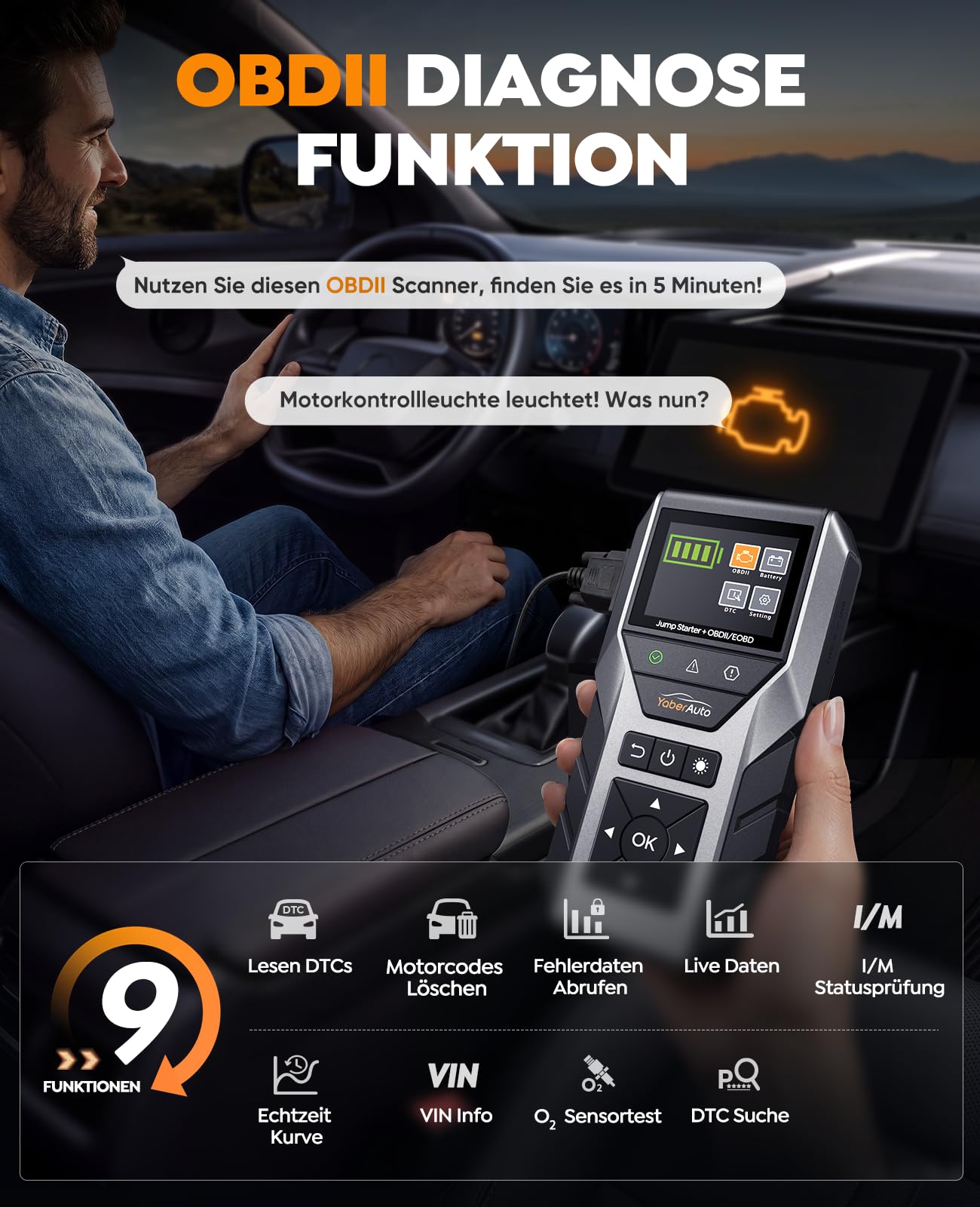 YaberAuto Starthilfe Powerbank für Pkw mit OBD2 Diagnosegerät ＆ Autobatterie Tester, 7000A Starthilfe Powerbank für All Benzin/10,0L Diesel, 16800mAh Starter Powerbank mit Starthilfekabel, LED-Licht
