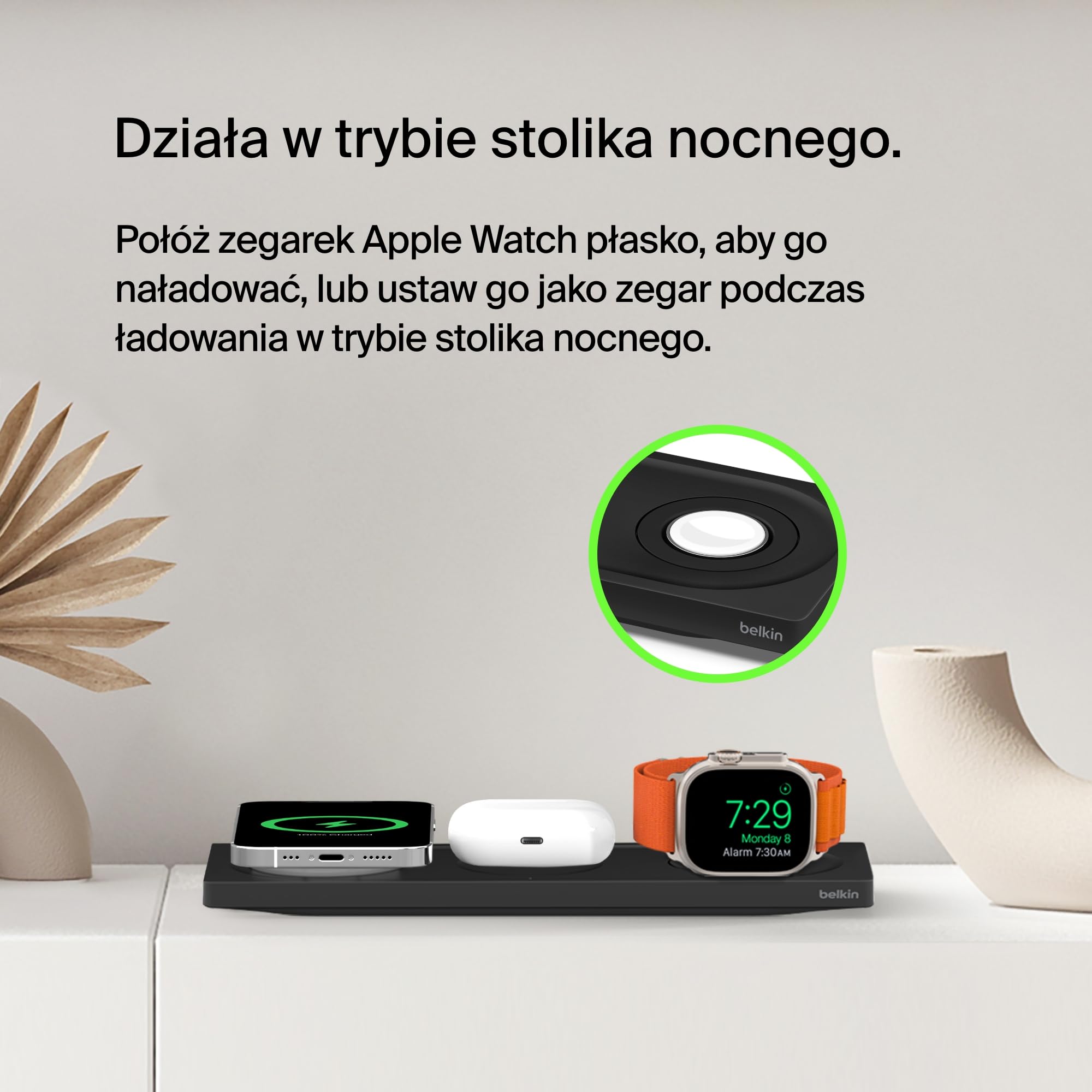 Belkin szybka bezprzewodowa ładowarka MagSafe 3 w 1, z certyfikatem MFi, do urządzeń iPhone 16/16 Plus, 15/15 Plus, 14/13/12, Max, Mini, Apple Watch 10/9/8/7/Ultra i starszych, AirPods 2, AirPods Pro