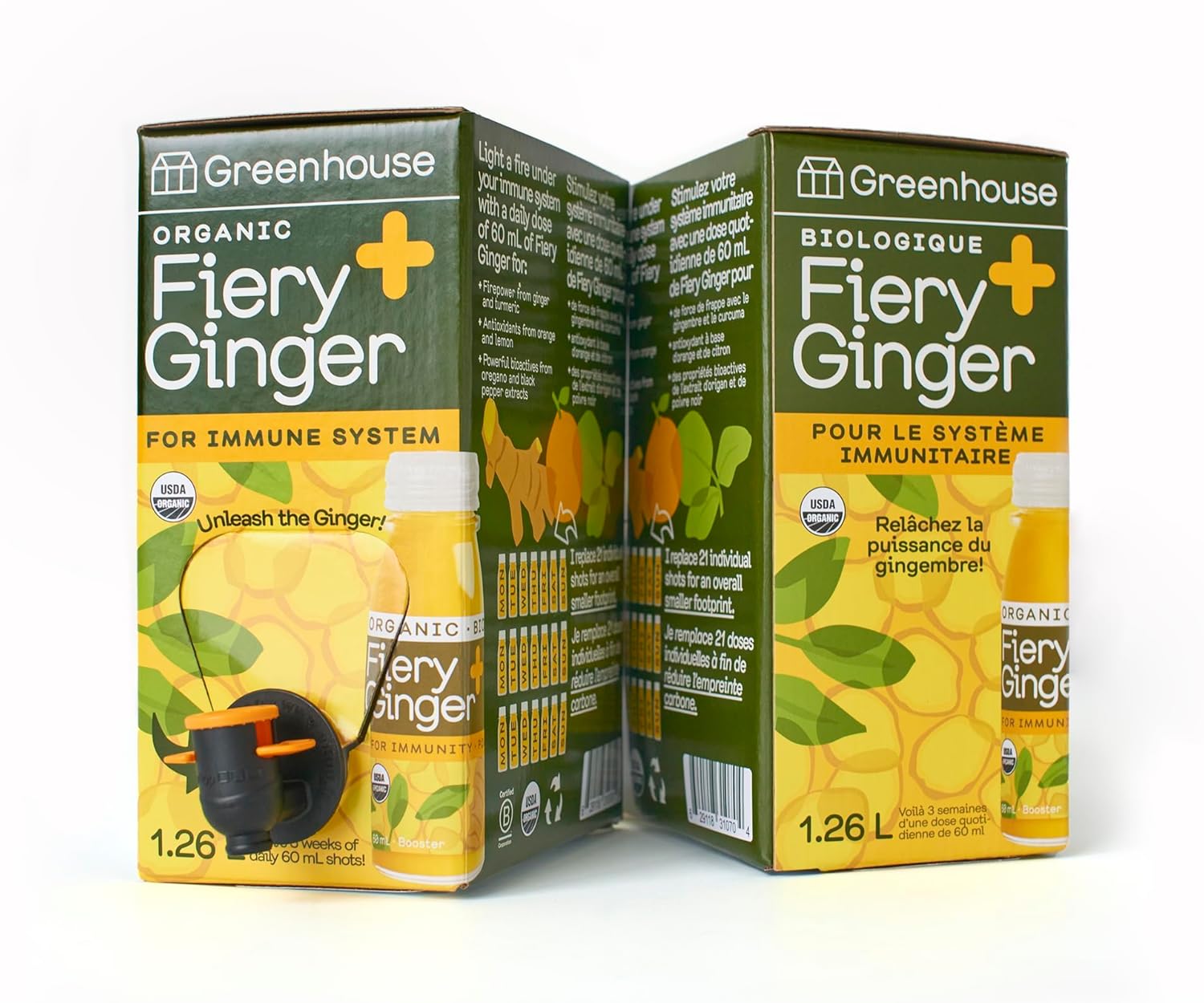 Greenhouse Juice Organic Fiery Ginger Wellness Shot Box Multipack 1.26L Ginger, Turmeric, Lemon, Black Pepper & Oregano | Immunity Wellness + Antiflammatory (Bag-in-Box Dispenser 2 Pack, Fiery Ginger)