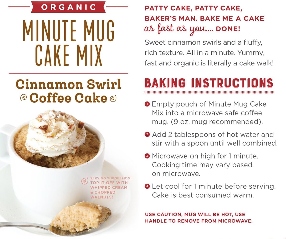 Foodstirs Organic, Non GMO Minute Mug Cake Mix Cinnamon Swirl Coffee Cake, 2.54 Ounce(Pack of 4)
