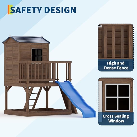 Kids Outdoor 2-Story Cedar Playhouse with Slide, Sandbox & Step Ladder