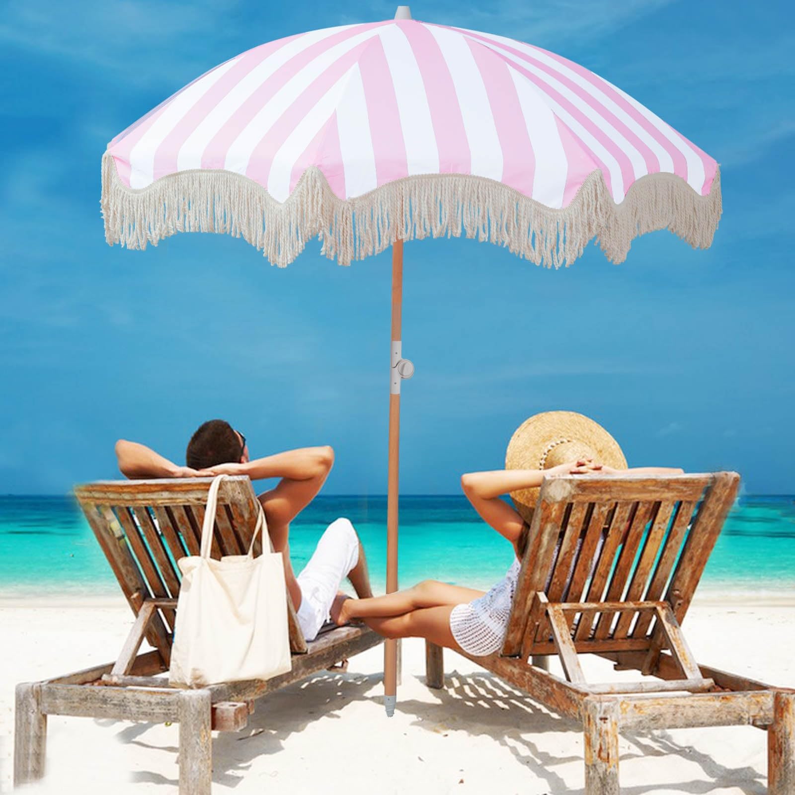 200cm Sombrilla De Playa Con Borlas Sombrilla Jardin Exterior Sombrilla Parasol Inclinable Sombrilla De Patio Protección Solar Sombrilla Hawaiana UPF50+ Con Bolsa De Transporte