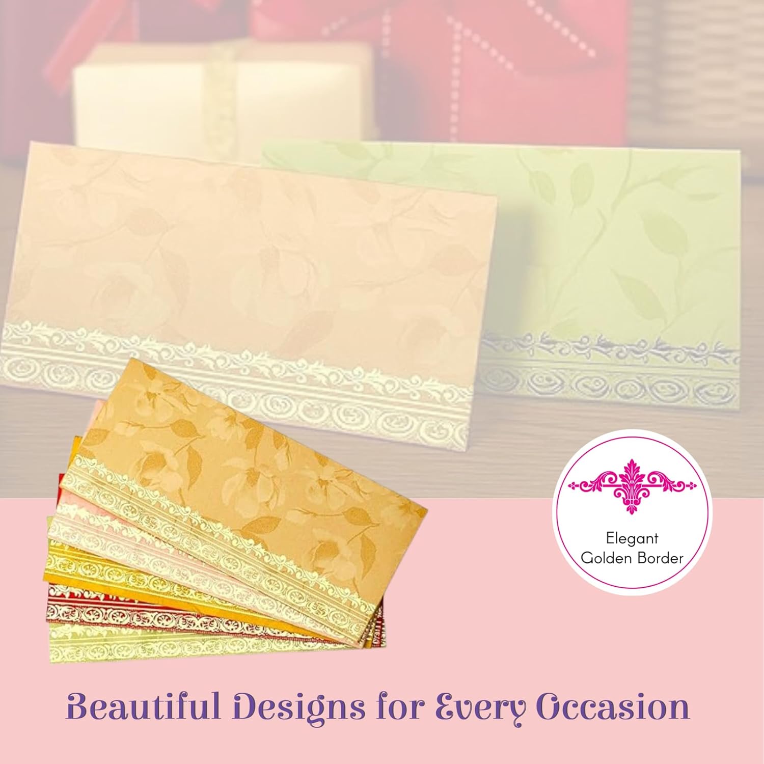 LoveNspire Money Envelopes (7 x 3 Inch) Decorative Golden Border Shagun Lifafa for Indian Wedding, Birthday | Cash Gift Holder & Home Savings Organizer Multicolor 100