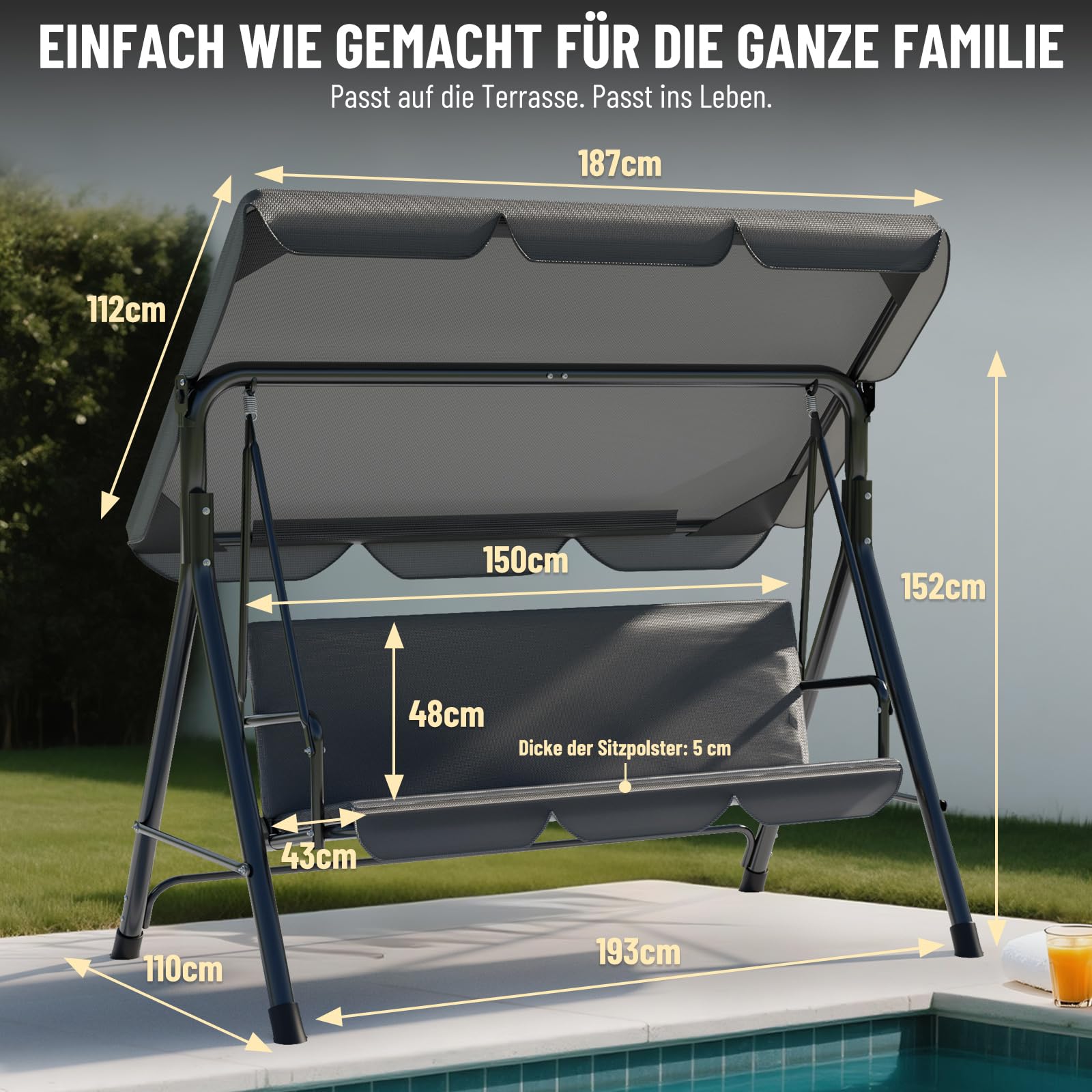 Soontrans 3-Sitzer Hollywoodschaukel, Familienzeit mit Leichtigkeit, Gartenschaukel mit Sonnendach & Gestell & Gepolsterte Sitzauflage, Belastbar bis 200 kg, aus Stahl (193 x 110 x 152 cm, Anthrazit)