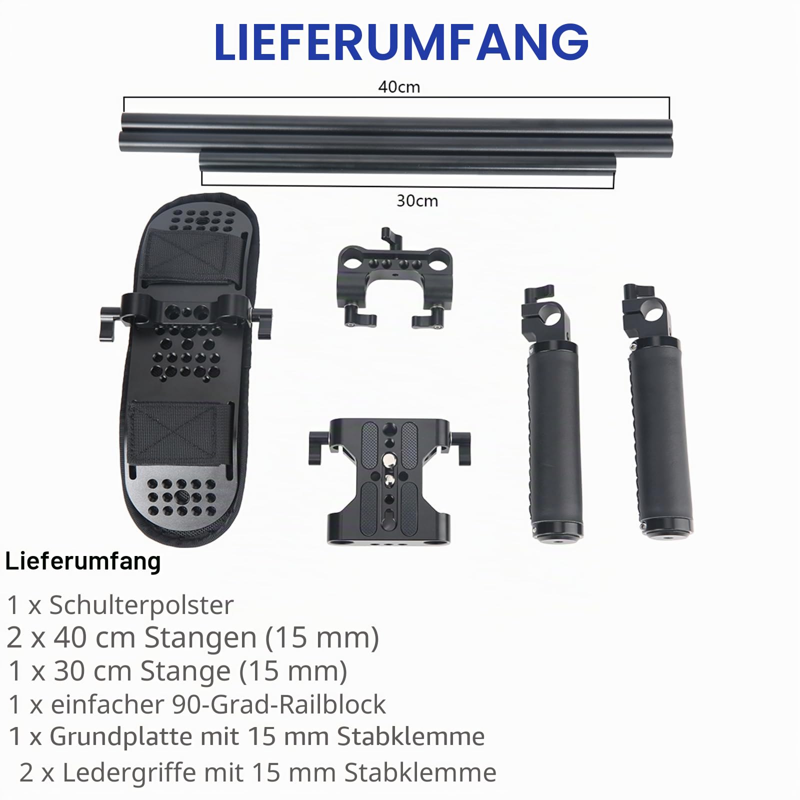 NICEYRIG Camera Shoulder Rig mit Dual Handgrip,Schulterpolster 15mm für spiegellose DSLR-Kameras, stabile Videoaufnahmen, Schulter-Rig mit Universal-Grundplatte,Aluminium-Legierung,15mm Stab,Griff-Set