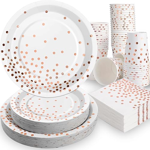 200 platos y servilletas de oro rosa, decoraciones de fiesta de oro rosa para 50 invitados, platos de papel de lunares dorados para decoraciones de