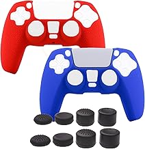 Grips for PS5 Controller Skin,Pandaren Cover for Sony PlayStation 5 Texture Pattern Sweat-Proof Anti-Slip Silicone Hand Grip x 2 with 8pcs FPS Pro Thumb Stick Cap Protector(Blue,Red)