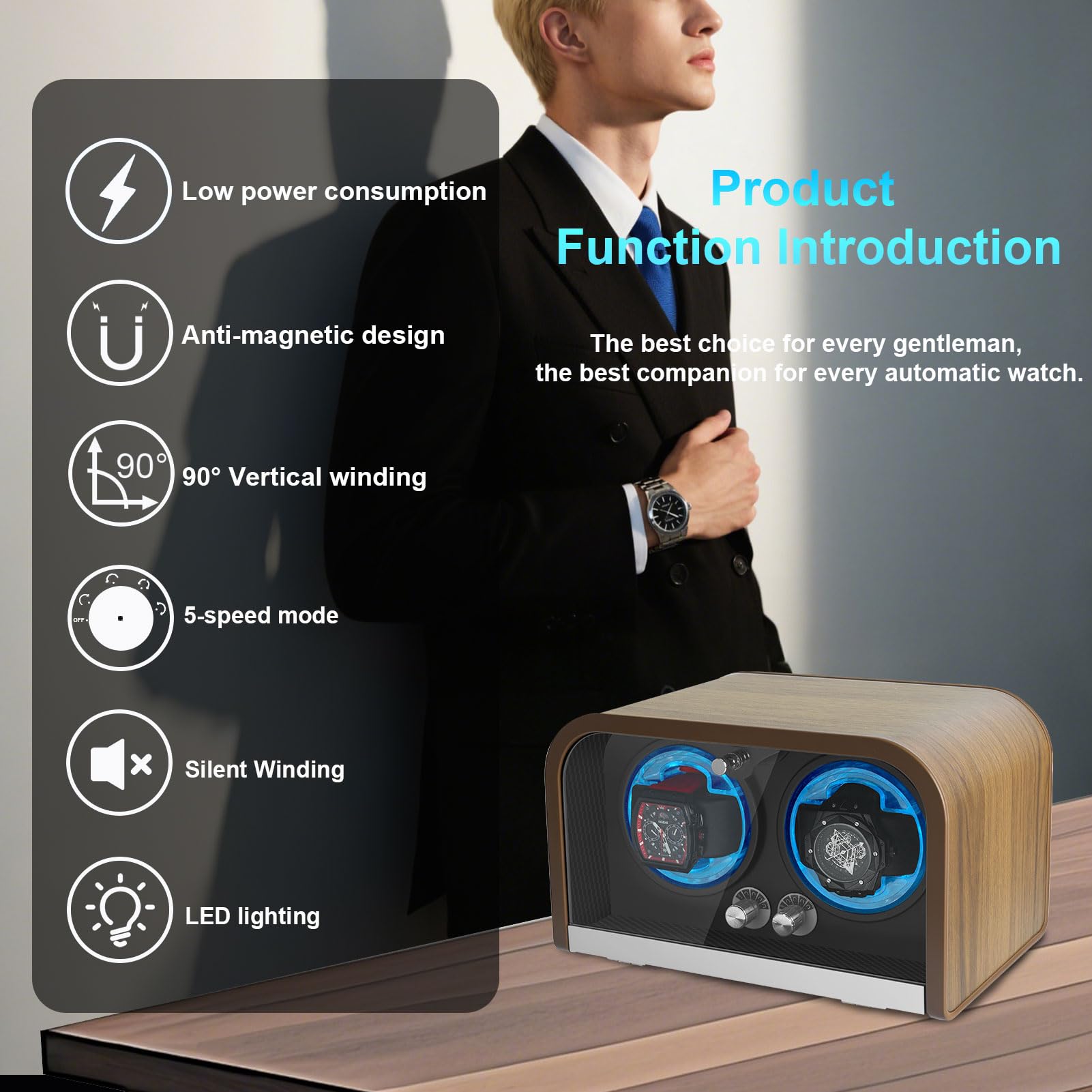 Watch Winder for Automatic Watches, Double Watch Winders Box for Rolex with 4 Rotation Mode Setting & Blue LED Light, Supports 2 * AA Batteries (Not Included), Gift for Man