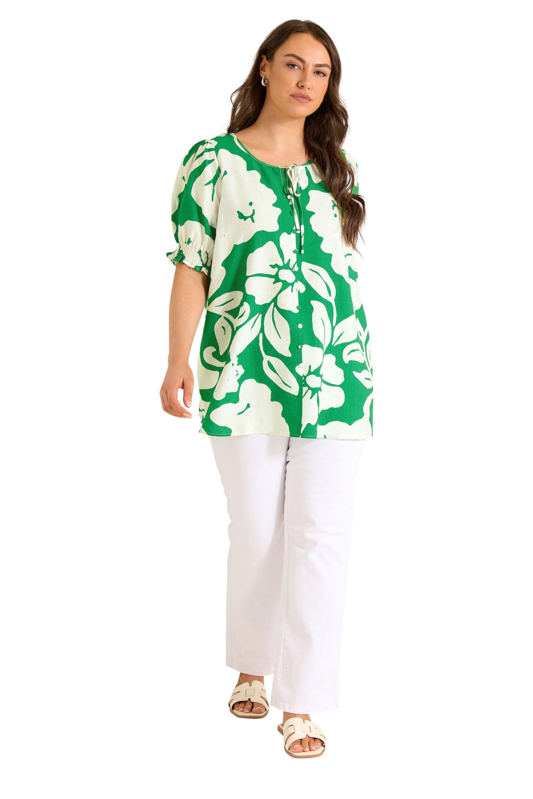 EVANS Curve Floral Tie Neck Top - Women's - Plus Size Curve Green
