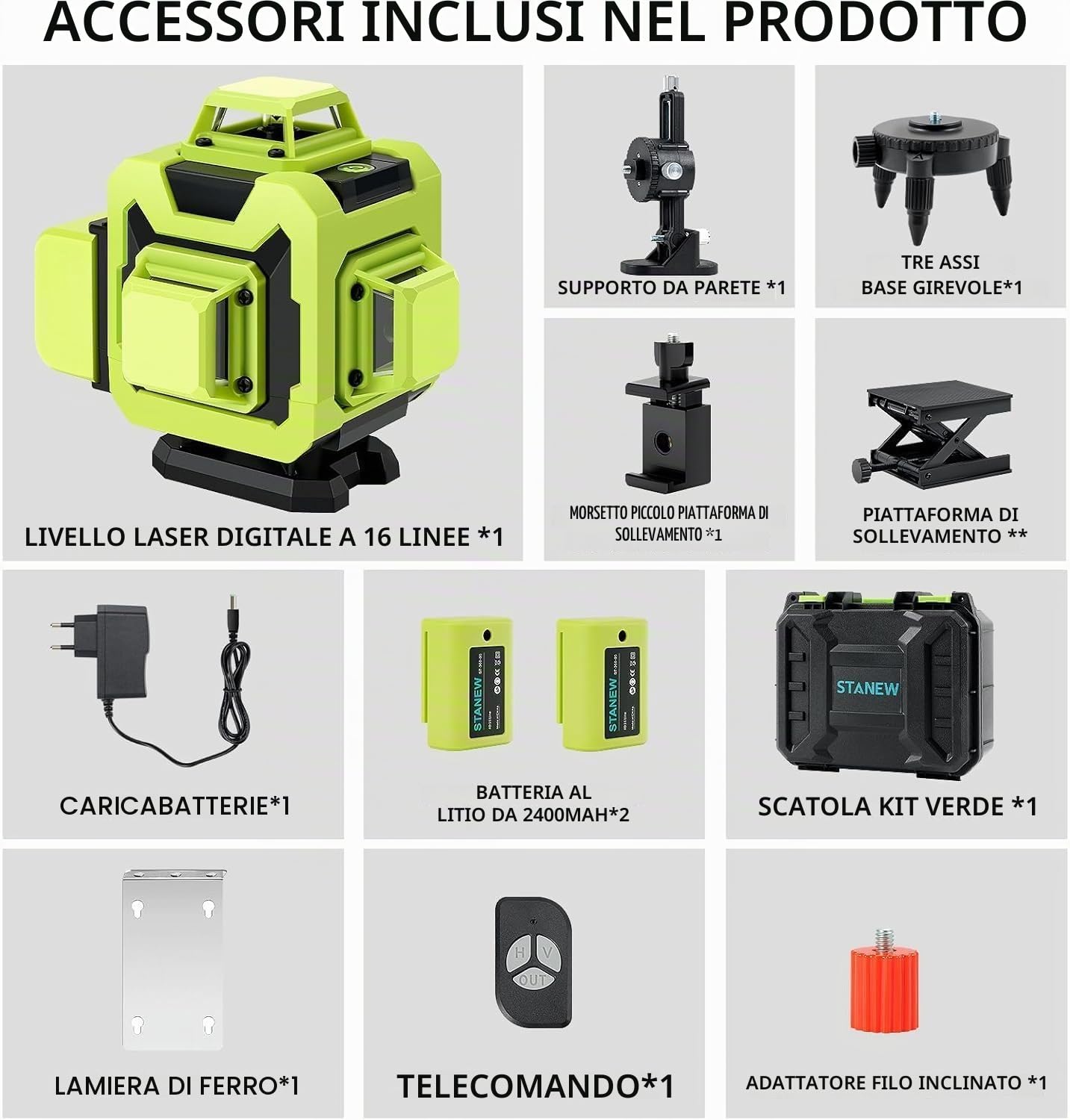 STANEW Livello Laser Verde Autolivellante 16 Linee 4×360° 4D, per Costruzioni e Ristrutturazioni (Kit livella laser)