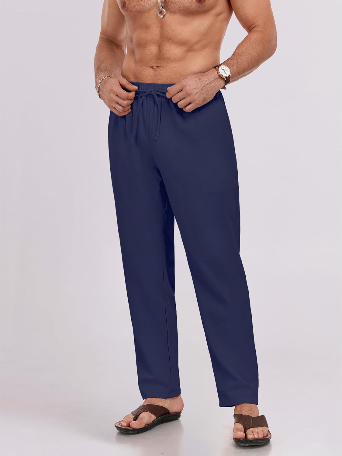 Puimentiua Mens Linen Pants Casual Drawstring Loose Lightweight Mens Pants Yoga Summer Beach Trousers - Image 6