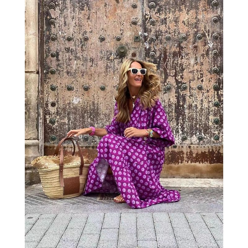 Image of Womens 2024 Casual Boho Maxi Dresses V Neck 3 /4 Puff Sleeve Geometric Pattern Smocked Ruffle Beach Long Sundress (D,Large)