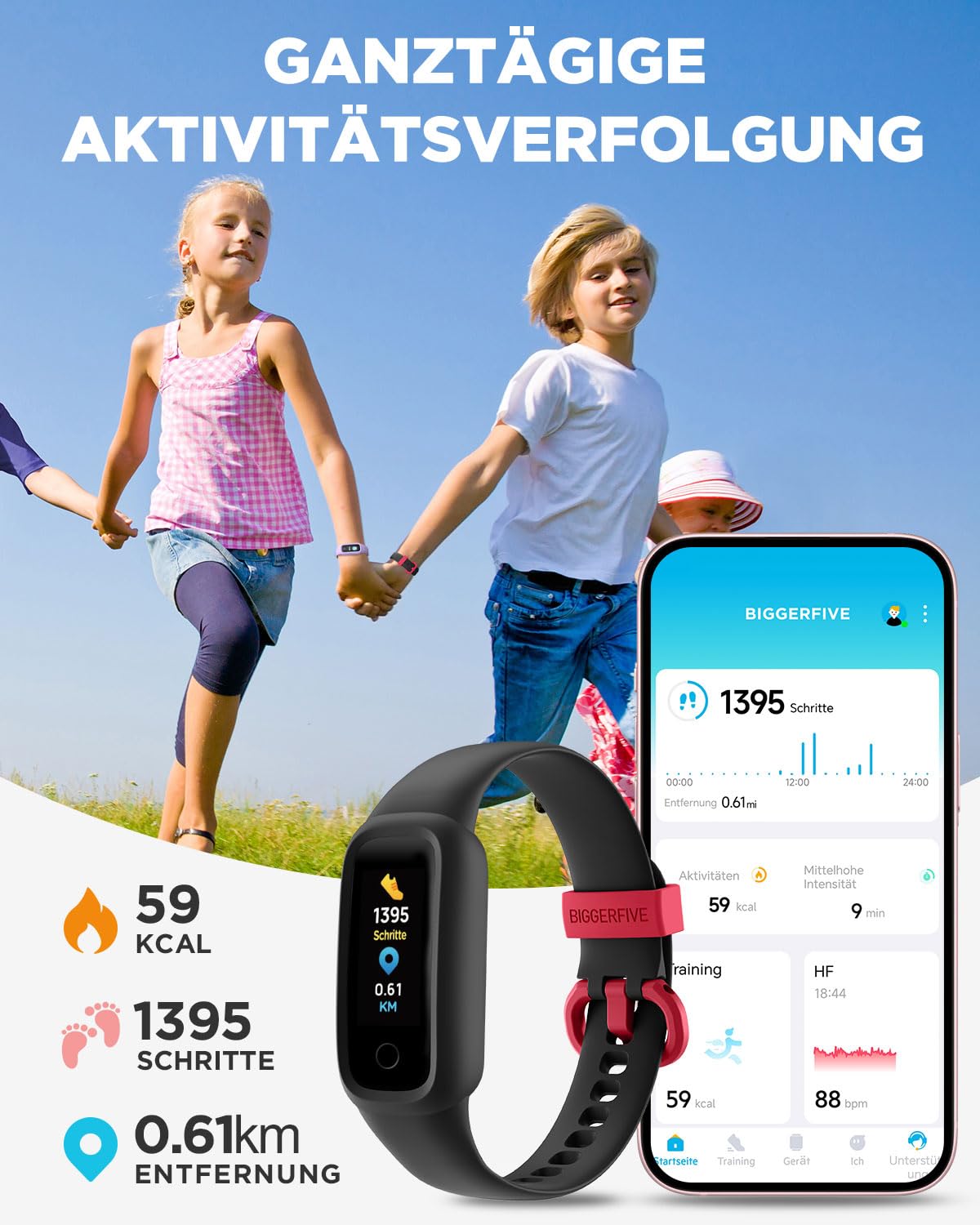 BIGGERFIVE Vigor 2 L Fitness Tracker Uhr Kinder, Fitnessuhr mit Aktivitätstracker, Schrittzähler, Pulsuhr, Schlafmonitor, Kalorienzähler, IP68 Wasserdicht Kinderuhr für Junge Mädchen, Schwarz