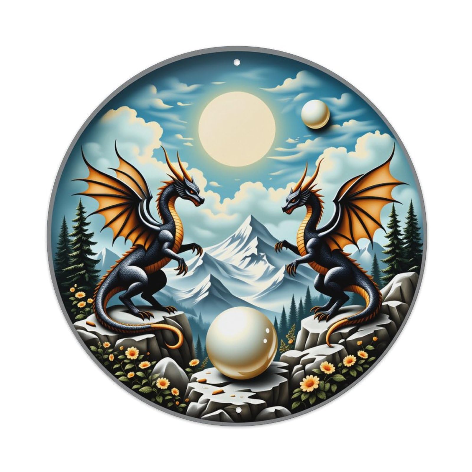 Lzwbntey Vintage Dragon Mountain Moon Flower Rock Metal Tin Sign Retro Wall Decor For Home Bar Garage Cafe, Indoor & Outdoor Decorative，Circle Metal Poster, 8X8 Inch