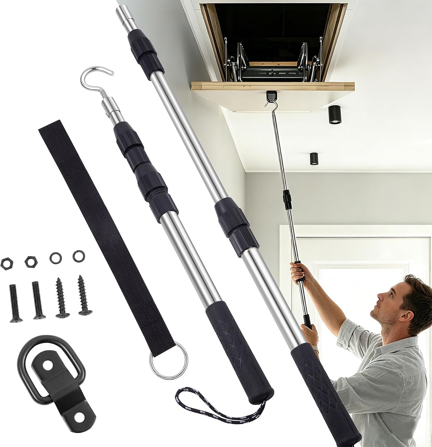 Attic Pull Down Hook,Extendable Attic Ladder Pull Down System Kit Contains One 40-Inch Telescopic Pole, 1 * D-Ring, 1 * O-Ring with Rope Around It