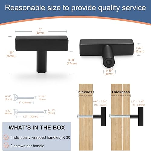 Miniatura 6 de Paquete de 30 perillas cuadradas para gabinete, color negro mate, 2 pulgadas de largo, perillas de cocina de un solo agujero para tiradores de